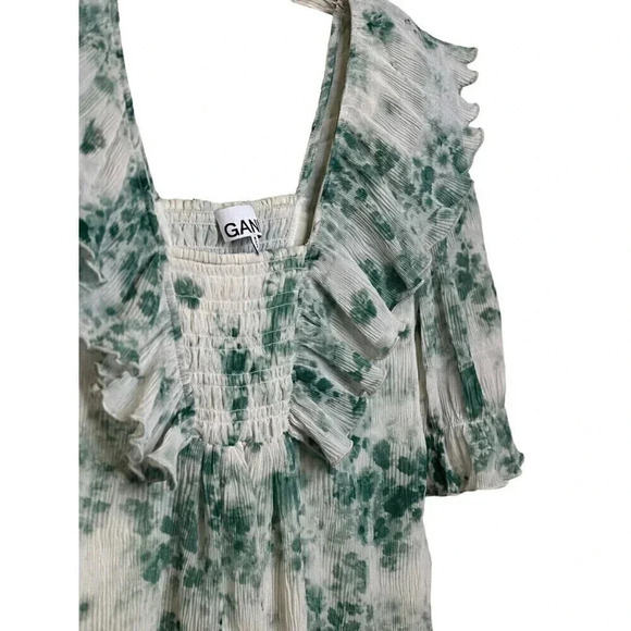 GANNI floral-print plissé-georgette minidress Size Small 4/6 Green And Cream - Picture 8 of 10
